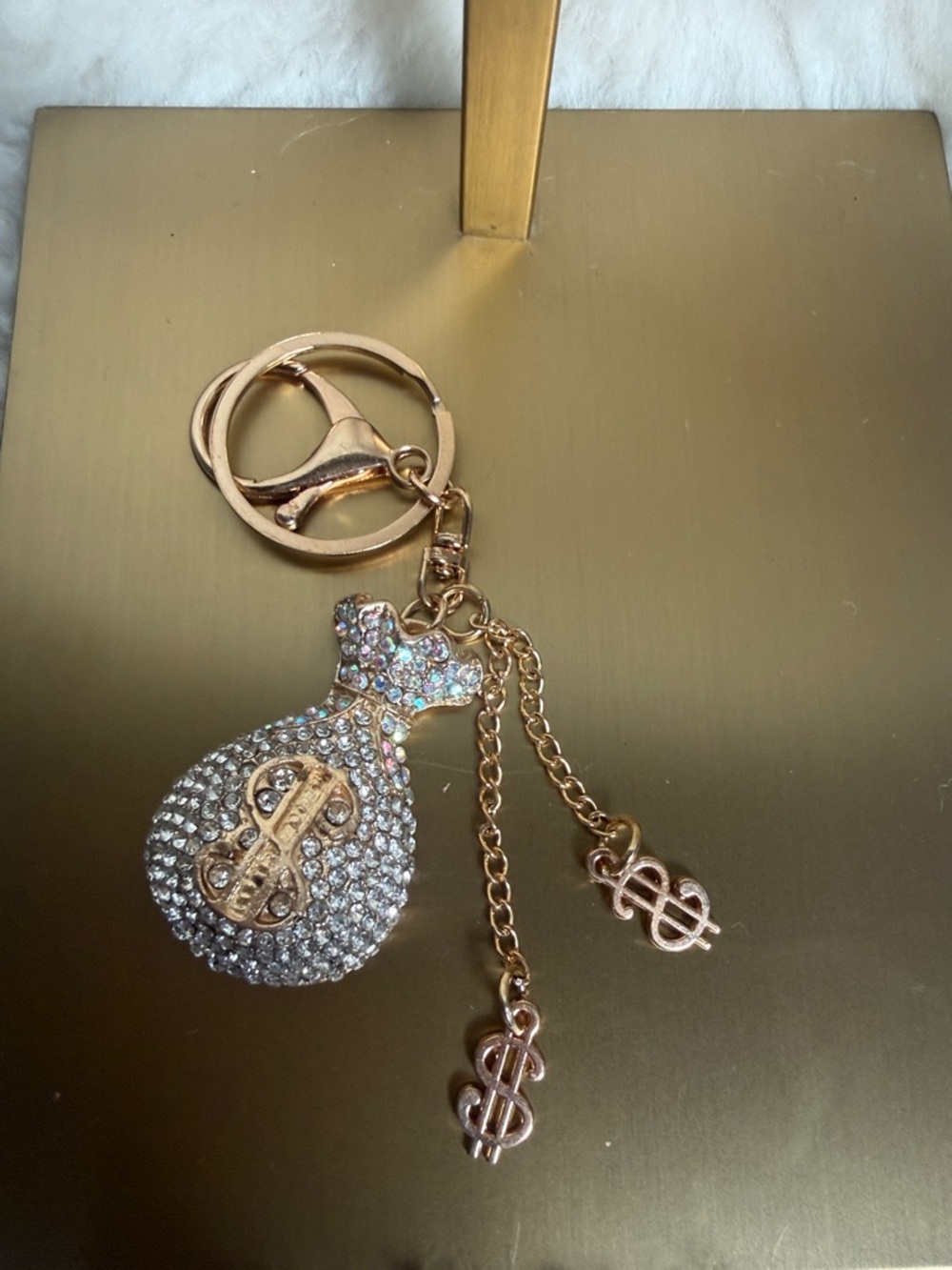 Gold Rhinestone Money Bag Keychain Purse Charm with Dollar Charms